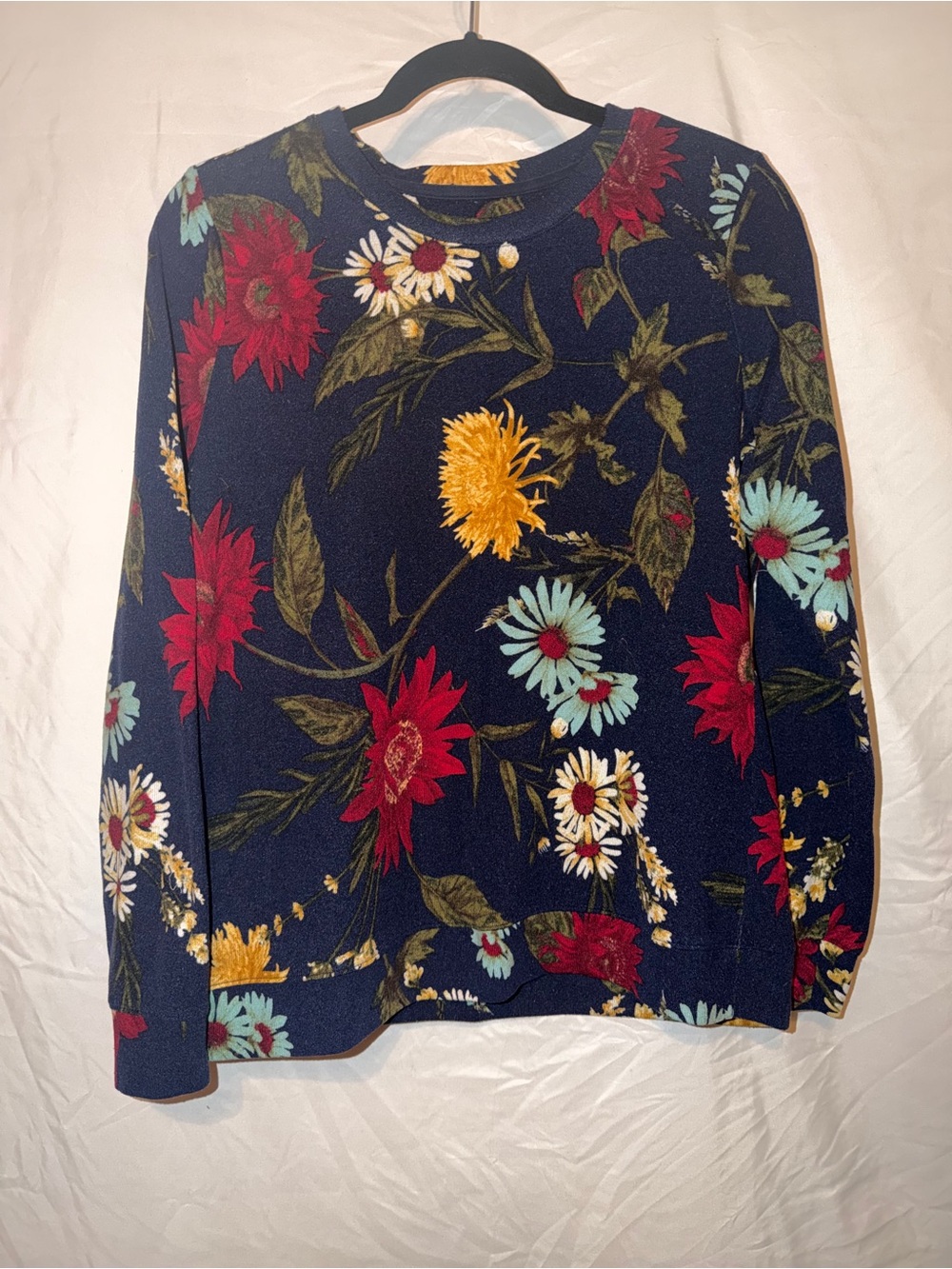 Denim&Co Navy Floral Crewneck Sweater with Red, Yellow and Aqua Blooms